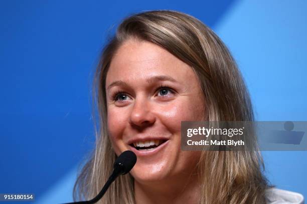 United States Cross-Country Skier Sadie Bjornsen attends a press conference at the Main Press Centre during previews ahead of the PyeongChang 2018...