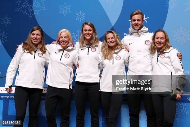 United States Cross-Country Skiers Rosie Brennan, Kikkan Randall, Sadie Bjornsen, Jessica Diggins, Erik Bjornsen and Ida Sargent pose after a press...