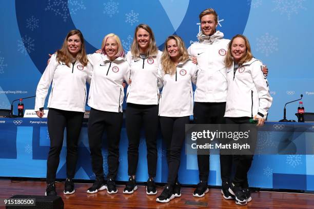 United States Cross-Country Skiers Rosie Brennan, Kikkan Randall, Sadie Bjornsen, Jessica Diggins, Erik Bjornsen and Ida Sargent pose after a press...