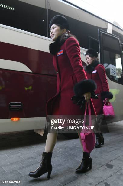 North Korean cheerleaders arrive at the Inje Speedium, a racetrack and hotel complex, in Inje, north of Pyeongchang on February 7, 2018 ahead of the...