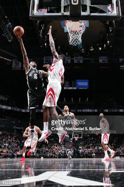 Isaiah Whitehead of the Brooklyn Nets shoots the ball against the Houston Rockets on February 6, 2018 at Barclays Center in Brooklyn, New York. NOTE...