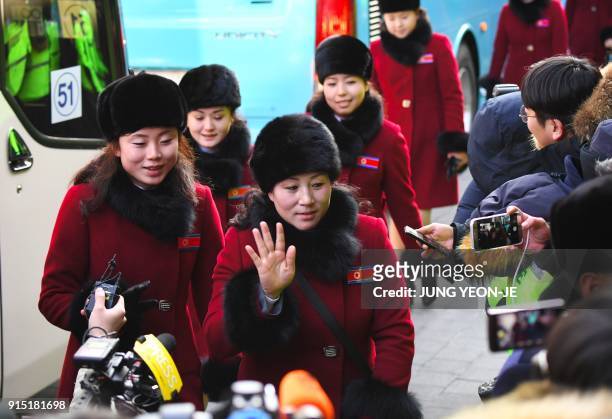North Korean cheerleaders arrive at the Inje Speedium, a racetrack and hotel complex, in Inje, north of Pyeongchang, on February 7, 2018 ahead of the...