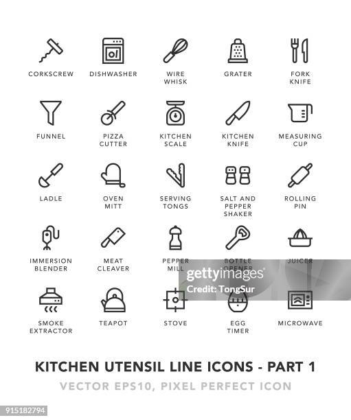 ilustraciones, imágenes clip art, dibujos animados e iconos de stock de utensilio de cocina línea los iconos - parte 1 - cucharon