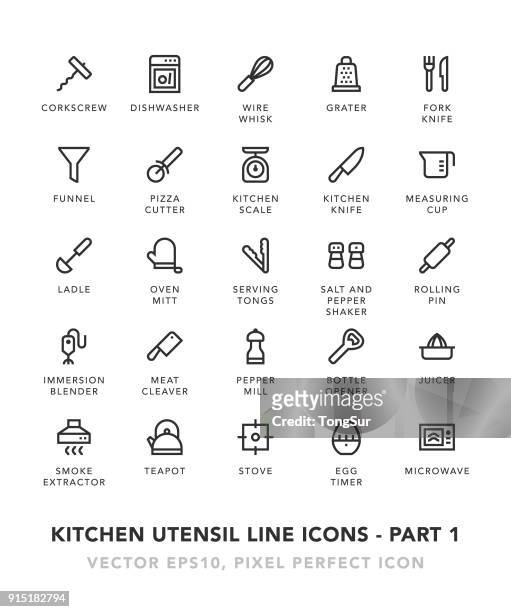 stockillustraties, clipart, cartoons en iconen met keuken gebruiksvoorwerp lijn icons - deel 1 - soeplepel