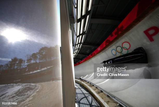 Lamin Deen of Great Britain trains during Bobsleigh practice ahead of the PyeongChang 2018 Winter Olympic Games at Olympic Sliding Centre on February...