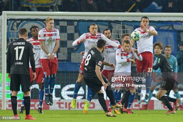 Milos Jojic of Koeln in action during the Bundesliga match between Hamburger SV and 1. FC Koeln at Volksparkstadion on January 20, 2018 in Hamburg,...