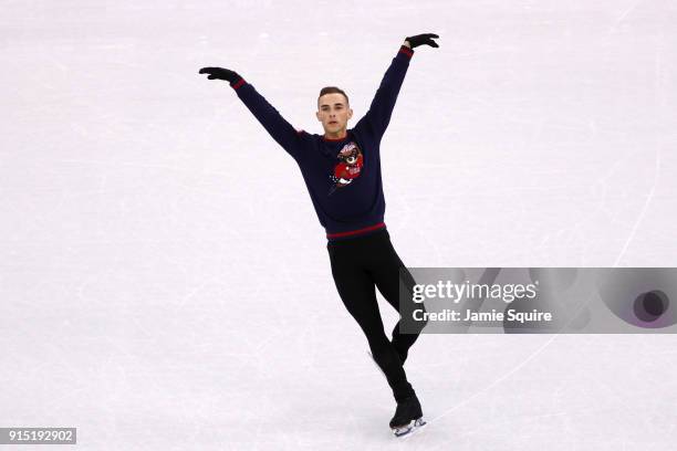 Adam Rippon of the United States trains during figure skating practice ahead of the PyeongChang 2018 Winter Olympic Games at Gangneung Ice Arena on...