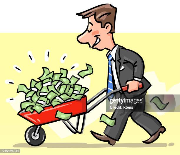 businessman with a wheelbarrow full of money - cartoon money stock illustrations