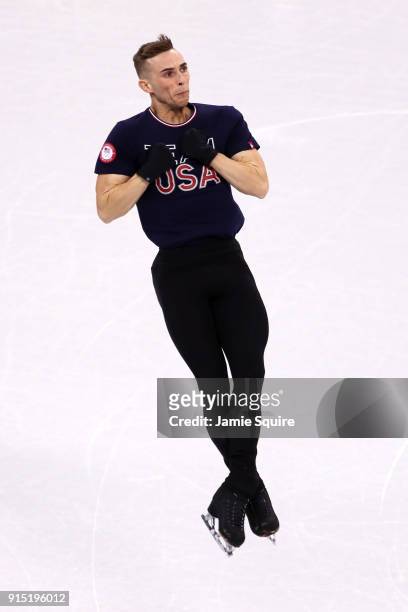 Adam Rippon of the United States trains during figure skating practice ahead of the PyeongChang 2018 Winter Olympic Games at Gangneung Ice Arena on...