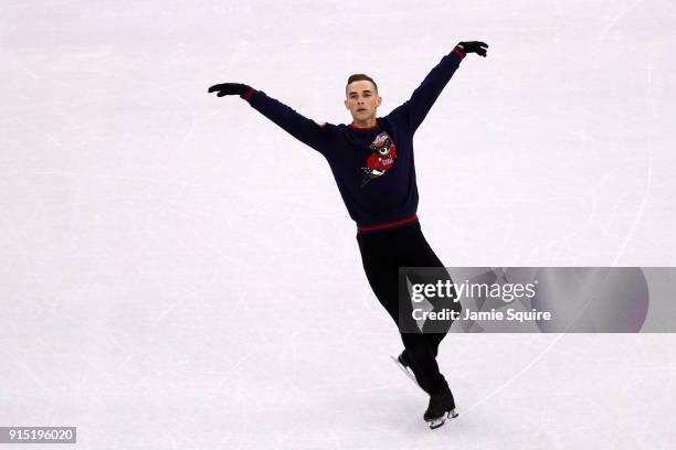 Adam Rippon of the United States trains during figure skating practice ahead of the PyeongChang 2018 Winter Olympic Games at Gangneung Ice Arena on...