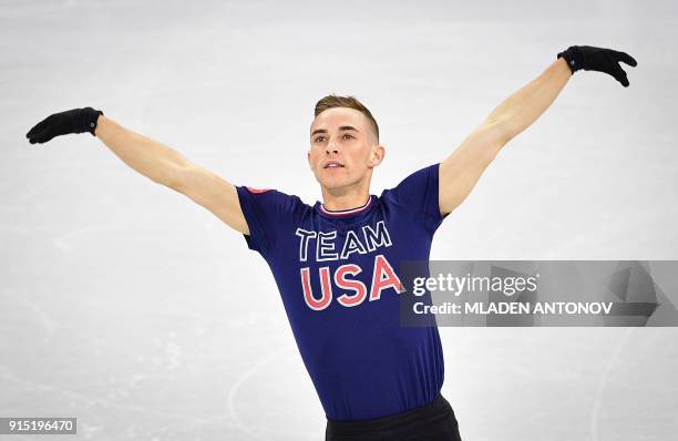 Skater Adam Rippon practices at Gangneung Ice Arena ahead of the team event of the men's figure skating before the Pyeongchang 2018 Winter Olympic...