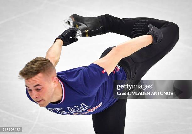 Skater Adam Rippon practices at Gangneung Ice Arena ahead of the team event of the men's figure skating before the Pyeongchang 2018 Winter Olympic...