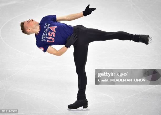 Skater Adam Rippon practices at Gangneung Ice Arena ahead of the team event of the men's figure skating before the Pyeongchang 2018 Winter Olympic...