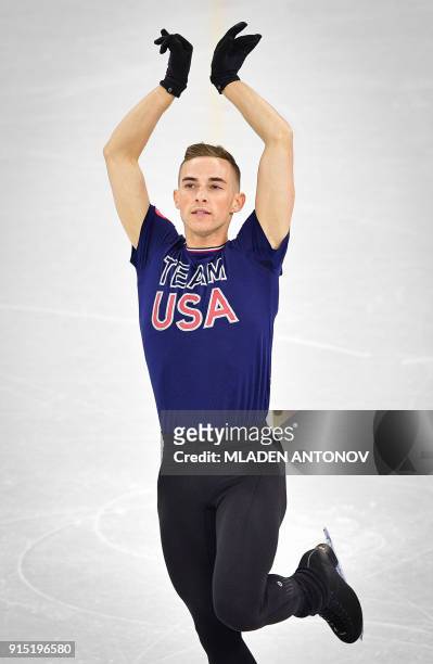 Skater Adam Rippon practices at Gangneung Ice Arena ahead of the team event of the men's figure skating before the Pyeongchang 2018 Winter Olympic...