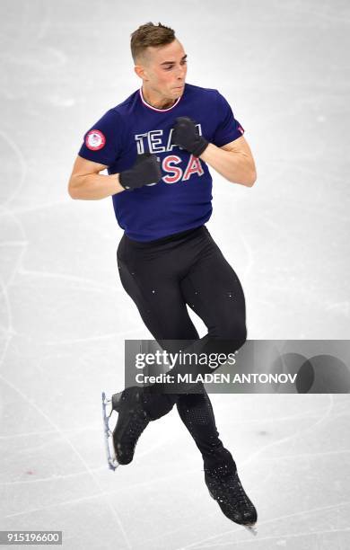 Skater Adam Rippon practices at Gangneung Ice Arena ahead of the team event of the men's figure skating before the Pyeongchang 2018 Winter Olympic...