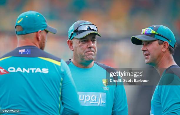 Coach Darren Lehmann and Ricky Ponting, assistant T20 coach talk during the Twenty20 International match between Australia and England at Blundstone...