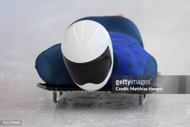 Matthew Antoine of the United States practices during Men's Skeleton training ahead of the PyeongChang 2018 Winter Olympic Games at the Olympic...
