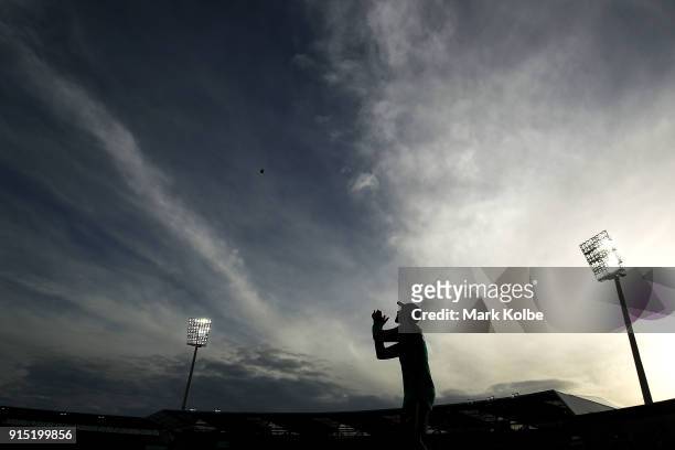 Ashton Agar of Australia takes a catch in the outfield during during the warm-up before the Twenty20 International match between Australia and...