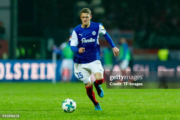 Johannes van den Bergh of Kiel controls the ball during the Second Bundesliga match between Holstein Kiel and 1. FC Union Berlin at Holstein-Stadion...