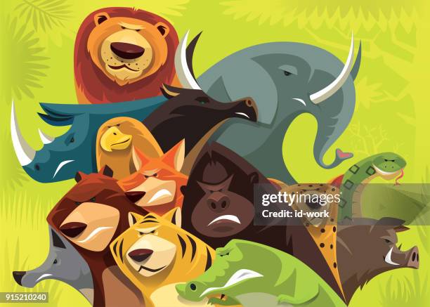 stockillustraties, clipart, cartoons en iconen met groep boos wilde dieren verzamelen - wild cattle