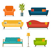 Sofa and chair sets and home accessories.Vector flat illustration