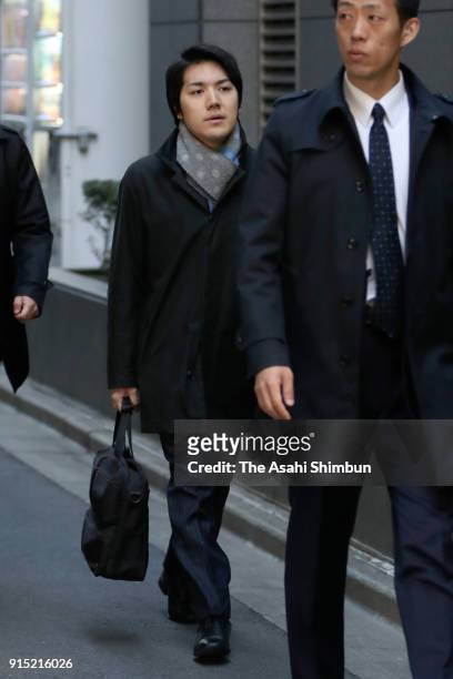 Kei Komuro, fiance of Princess Mako of Akishino is seen on arrival at his workplace on February 7, 2018 in Tokyo, Japan. According to the agency, the...
