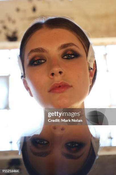 Model prepares backstage ahead of the David Jones Autumn Winter 2018 Collections Launch at Australian Technology Park on February 7, 2018 in Sydney,...