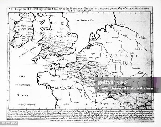 Edmond Halley's Solar Eclipse chart, showing the path of the Moon's shadow over Europe, England and Ireland during the eclipse 1724. Edmond Halley an...