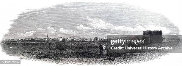 Engraving depicting the Canadian Eclipse Expedition preparing to observed the total eclipse of 1869 from Jefferson City, Iowa. Dated 19th century.