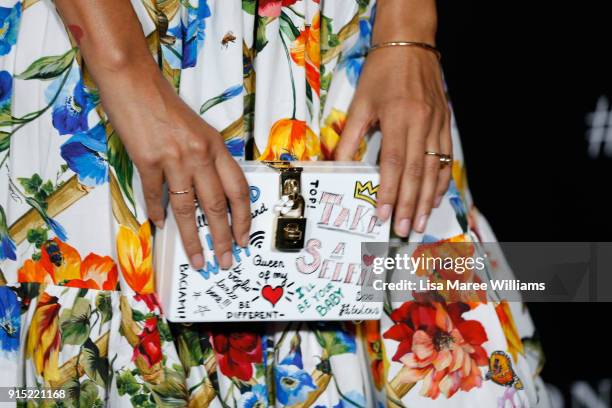 Detail of cluth bag Lindy Klim arrives ahead of the David Jones Autumn Winter 2018 Collections Launch at Australian Technology Park on February 7,...