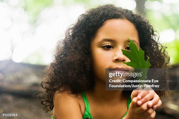 young girl staring intently at a green leaf - young leafs stockfoto's en -beelden