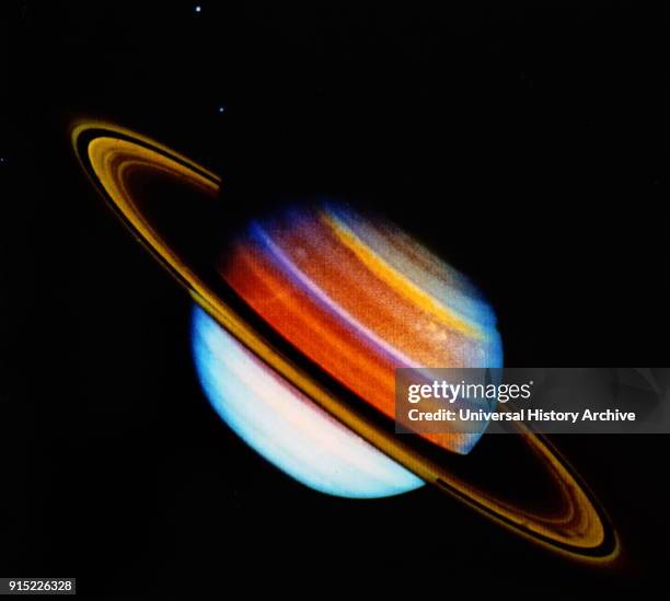 Colour photograph of the planet Saturn, taken from Voyager 1. Voyager 1 is a space probe launched by NASA. Dated 20th century.