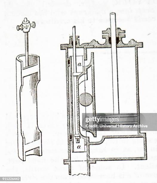 Engraving depicting a hand-powered eccentric butter churn. The agitation of the cream was achieved by the rising and falling of the opposite ends of...