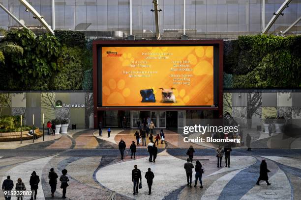 Large digital screen shows advertisements to visitors at the entrance to the Dolce Vita Tejo shopping mall, operated by AXA Real Estate Investment...