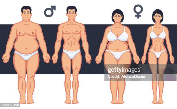 schlank und fett mann und frau - fat loss stock-grafiken, -clipart, -cartoons und -symbole