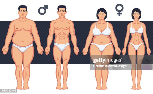slim and fat man and woman - before and after weight loss stock illustrations