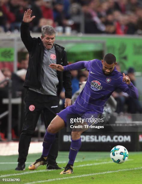 Cebio Soukou of Aue controls the ball during the Second Bundesliga match between Fortuna Duesseldorf and FC Erzgebirge Aue at ESPRIT arena on January...