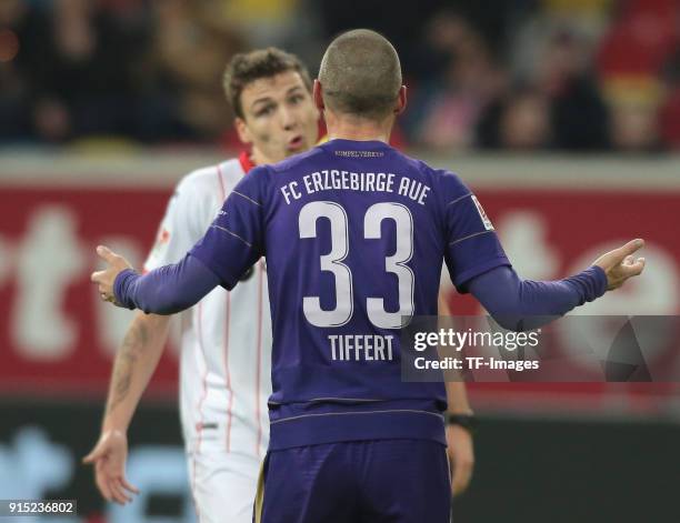 Christian Tiffert of Aue gestures during the Second Bundesliga match between Fortuna Duesseldorf and FC Erzgebirge Aue at ESPRIT arena on January 24,...