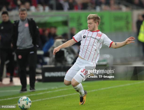 Jean Zimmer of Duesseldorf controls the ball during the Second Bundesliga match between Fortuna Duesseldorf and FC Erzgebirge Aue at ESPRIT arena on...