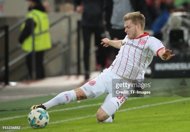 Jean Zimmer of Duesseldorf controls the ball during the Second Bundesliga match between Fortuna Duesseldorf and FC Erzgebirge Aue at ESPRIT arena on...
