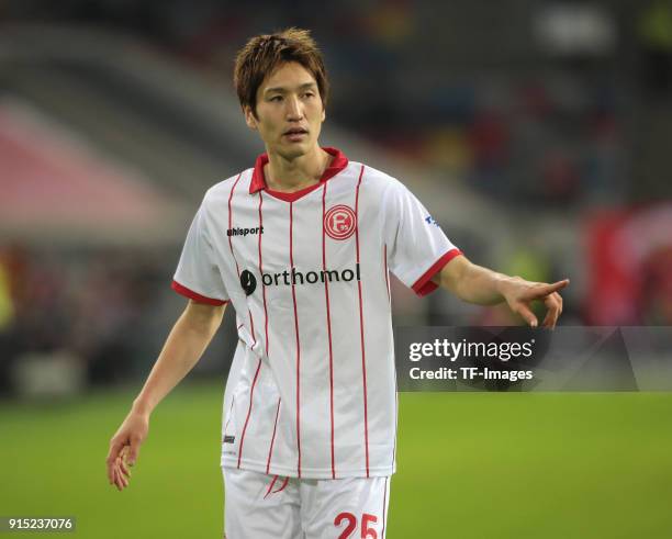 Genki Haraguchi gestures during the Second Bundesliga match between Fortuna Duesseldorf and FC Erzgebirge Aue at ESPRIT arena on January 24, 2018 in...