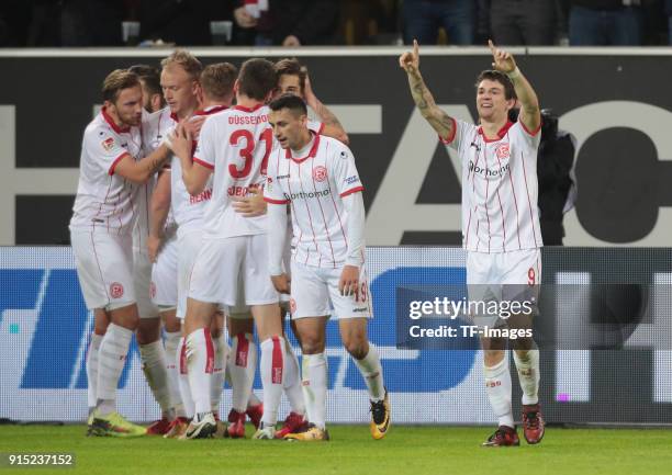 Benito Raman of Duesseldorf celebrates after scoring his team`s first goal during the Second Bundesliga match between Fortuna Duesseldorf and FC...