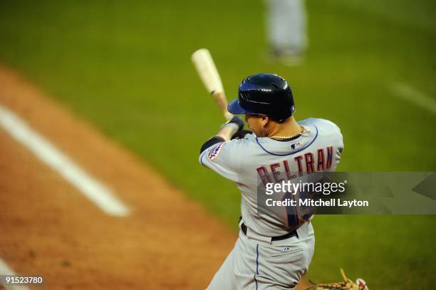 Carlos Beltran of the New York Mets takes a swing during a baseball game against the Washington Nationals on September 30, 2009 at Nationals Park in...