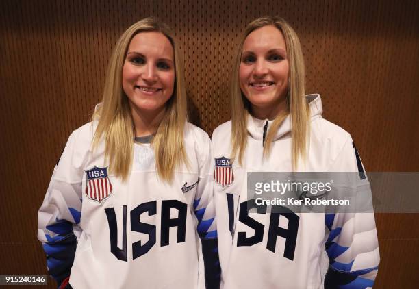 Monique Lamoureux-Morando and Jocelyne Lamoureux-Davidson of the United States Women's Ice Hockey Team attend a press conference at the Main Press...