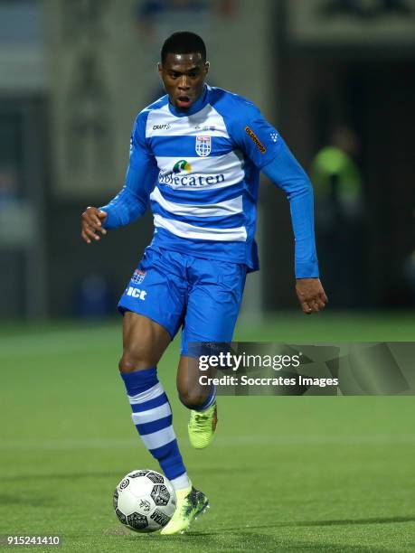 Kingsley Ehizibue of PEC Zwolle during the Dutch Eredivisie match between PEC Zwolle v SC Heerenveen at the MAC3PARK Stadium on February 6, 2018 in...