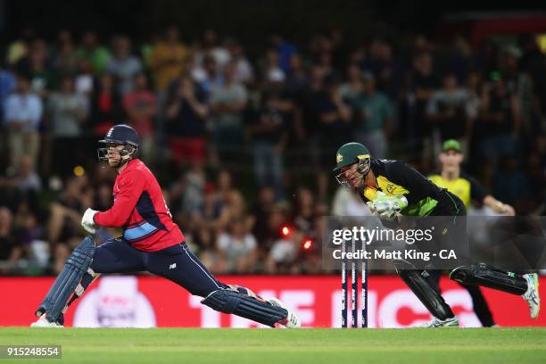 David Willey of England is stumped by Alex Carey of Australia off the bowling of Glenn Maxwell during the Twenty20 International match between...