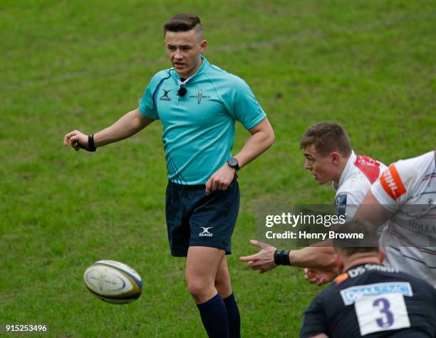 Referee Ben Breakspear during the Anglo-Welsh Cup match between Wasps and Leicester Tigers at Ricoh Arena on February 4, 2018 in Coventry, England.