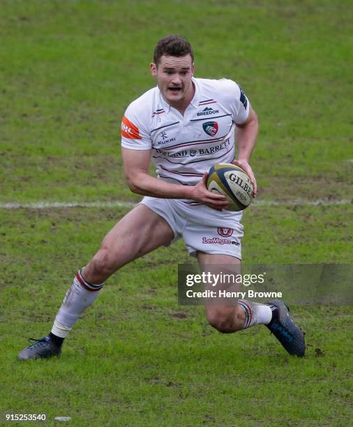George Worth of Leicester Tigers during the Anglo-Welsh Cup match between Wasps and Leicester Tigers at Ricoh Arena on February 4, 2018 in Coventry,...