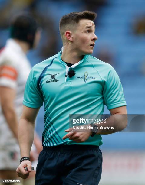 Referee Ben Breakspear during the Anglo-Welsh Cup match between Wasps and Leicester Tigers at Ricoh Arena on February 4, 2018 in Coventry, England.
