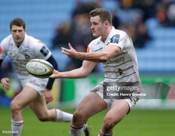 George Worth of Leicester Tigers during the Anglo-Welsh Cup match between Wasps and Leicester Tigers at Ricoh Arena on February 4, 2018 in Coventry,...